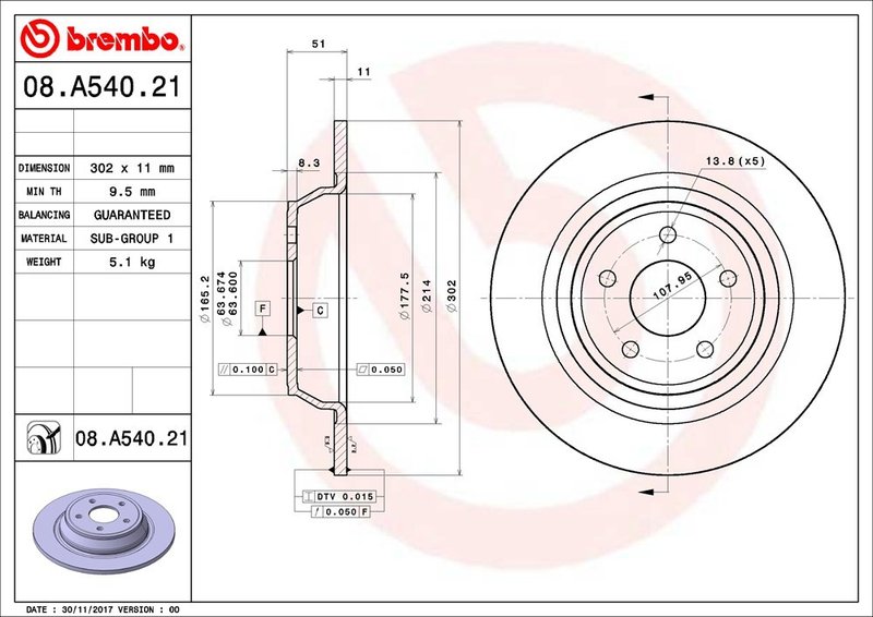 Brembo 08.A540.21 Disc Brake Rotor - Rear