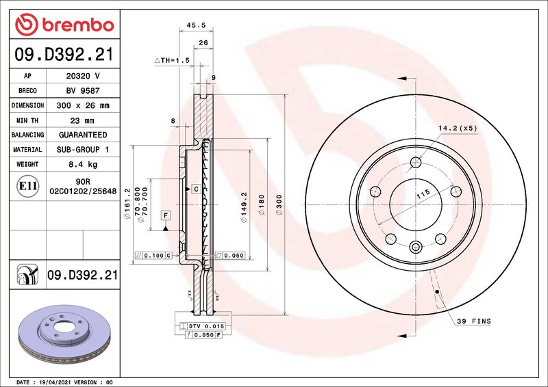 Brembo 09.D392.21 Disc Brake Rotor - Front