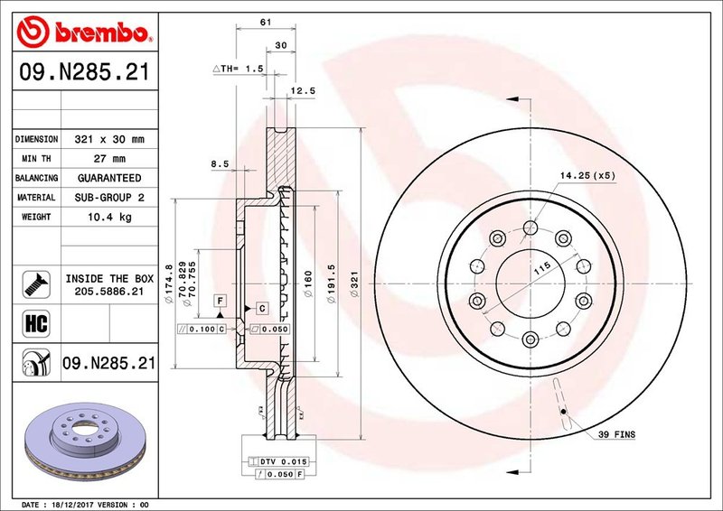Brembo 09.N285.21 Disc Brake Rotor - Front