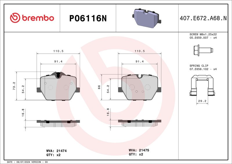 Brembo P06116N Disc Brake Pad Set - Rear