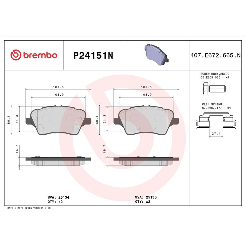 Brembo P24151N Disc Brake Pad Set - Front