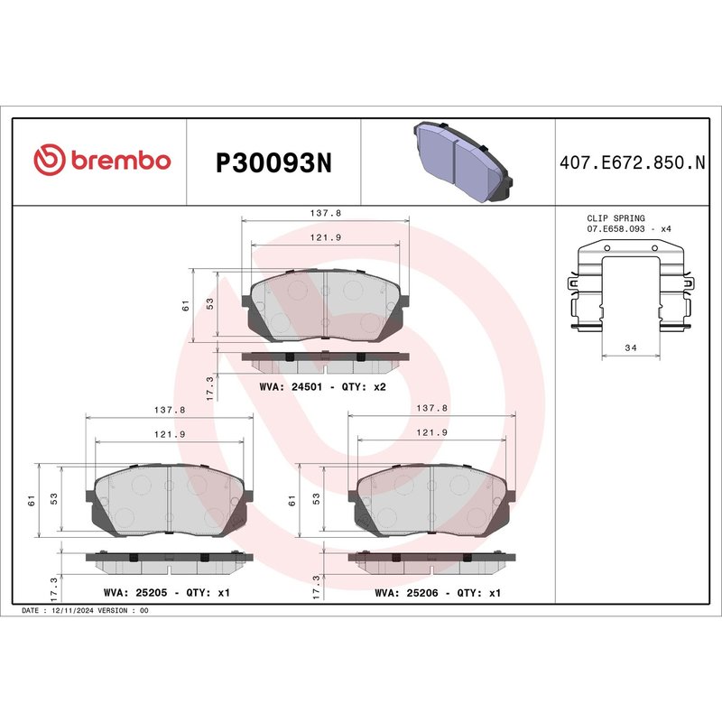 Brembo P30093N Disc Brake Pad Set - Front