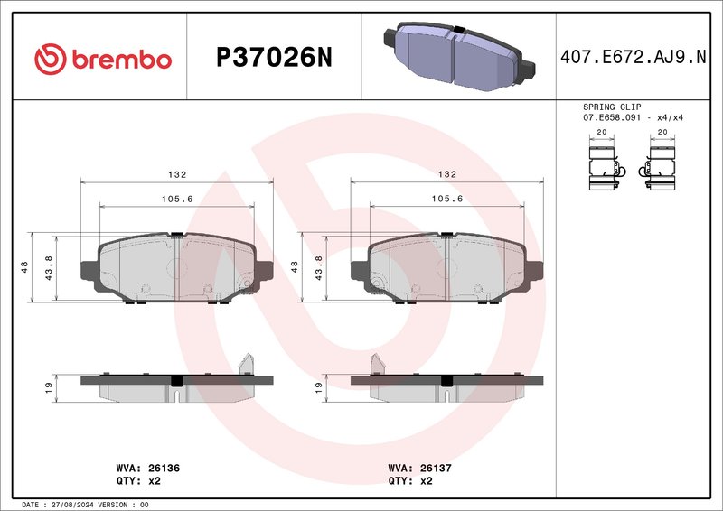 Brembo P37026N Disc Brake Pad Set - Rear