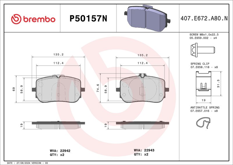 Brembo P50157N Disc Brake Pad Set - Front