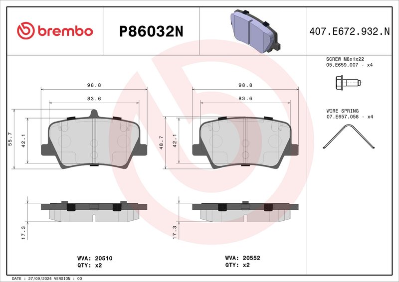 Brembo P86032N Disc Brake Pad Set - Rear