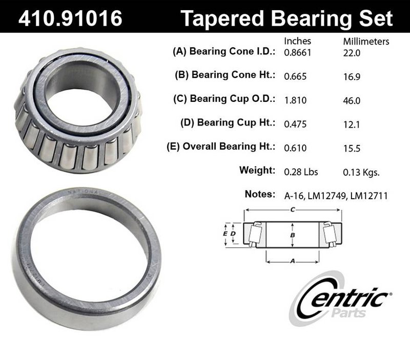 Centric 410.91016 Wheel Bearing and Race Set - Front Outer or Rear Outer